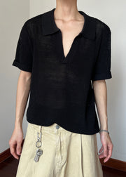 Black Cozy Knit Polo Shirts Men Hollow Out