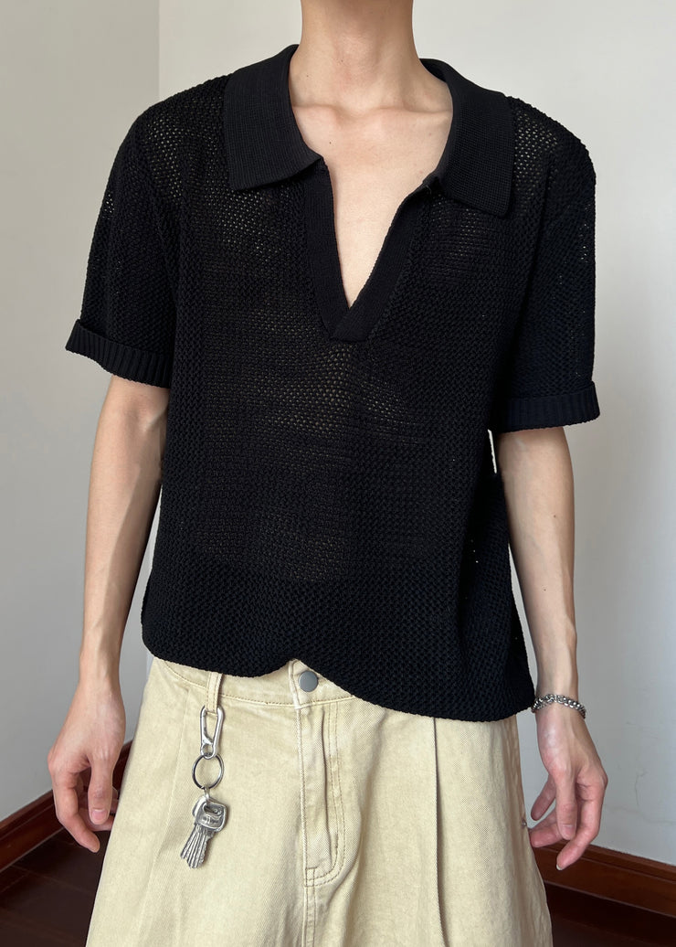 Black Cozy Knit Polo Shirts Men Hollow Out
