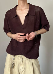Black Cozy Knit Polo Shirts Men Hollow Out