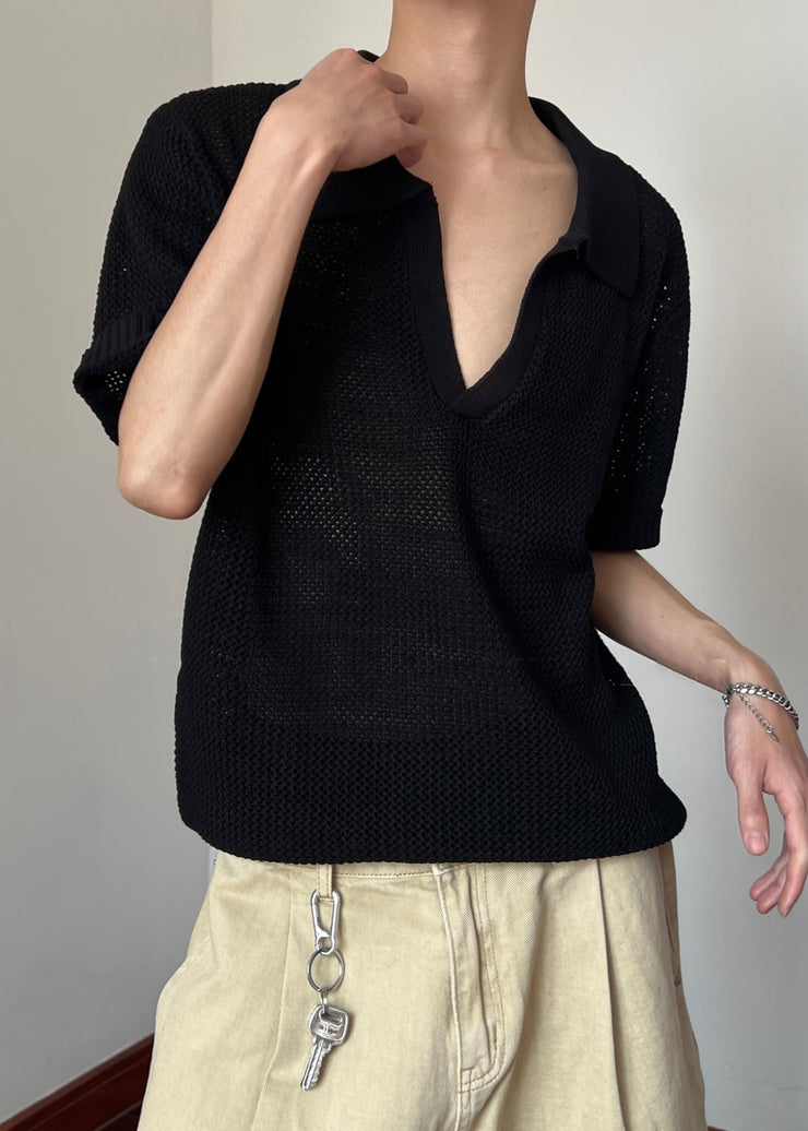 Black Cozy Knit Polo Shirts Men Hollow Out
