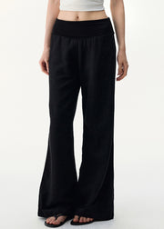Black Cozy Linen Wide Leg Pants Elastic Waist