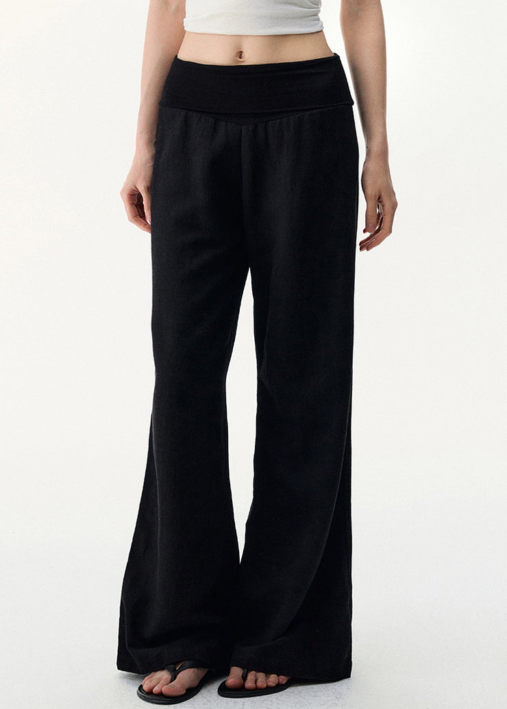 Black Cozy Linen Wide Leg Pants Elastic Waist