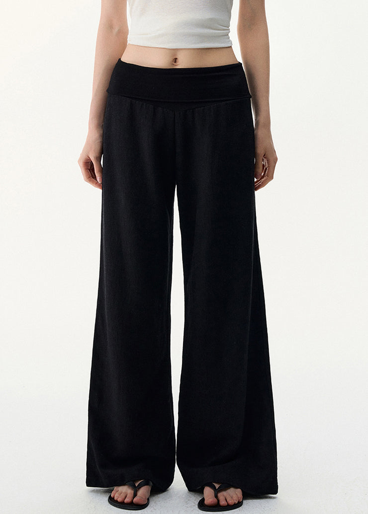 Black Cozy Linen Wide Leg Pants Elastic Waist