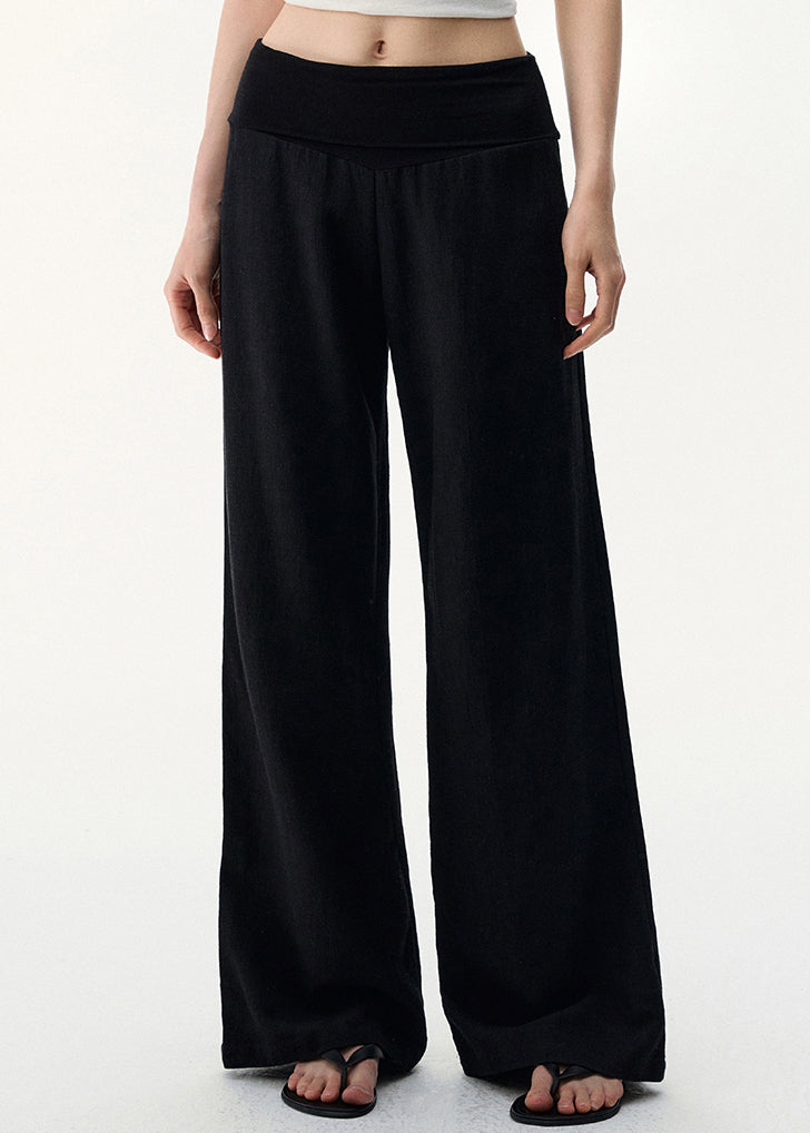Black Cozy Linen Wide Leg Pants Elastic Waist