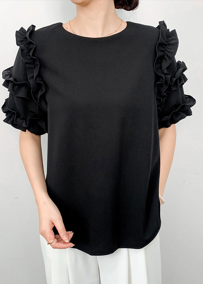 Black Draping Chiffon Shirt Ruffled Summer