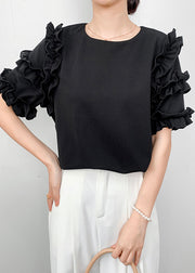 Black Draping Chiffon Shirt Ruffled Summer