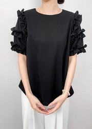 Black Draping Chiffon Shirt Ruffled Summer