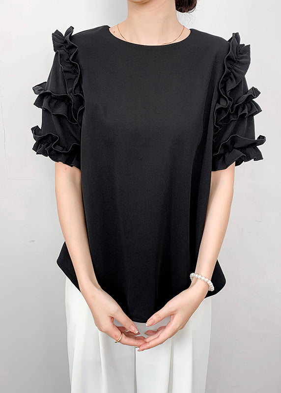 Black Draping Chiffon Shirt Ruffled Summer