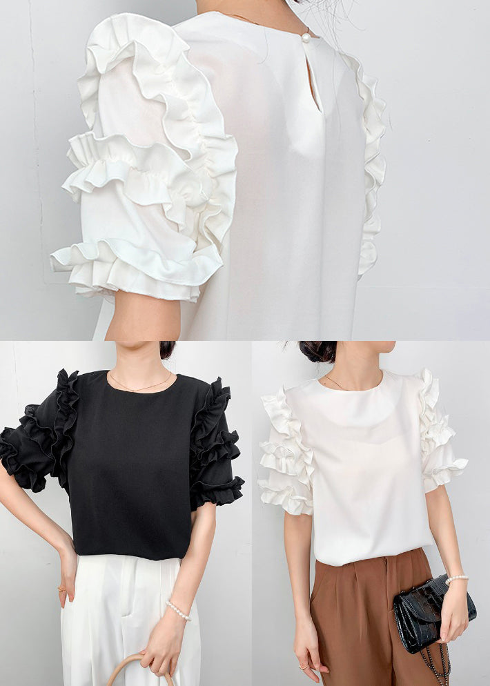 Black Draping Chiffon Shirt Ruffled Summer