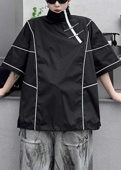 Black Drawstring Original Design Cotton Men T Shirts Zip Up Summer