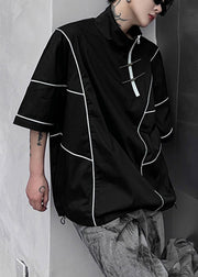 Black Drawstring Original Design Cotton Men T Shirts Zip Up Summer