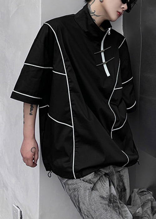 Black Drawstring Original Design Cotton Men T Shirts Zip Up Summer