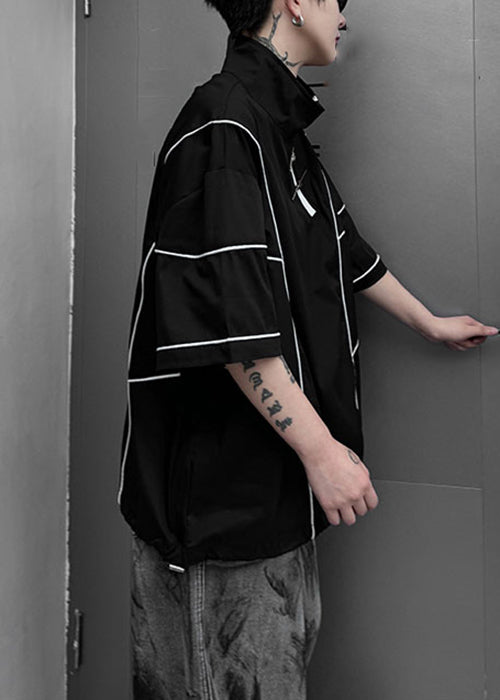 Black Drawstring Original Design Cotton Men T Shirts Zip Up Summer