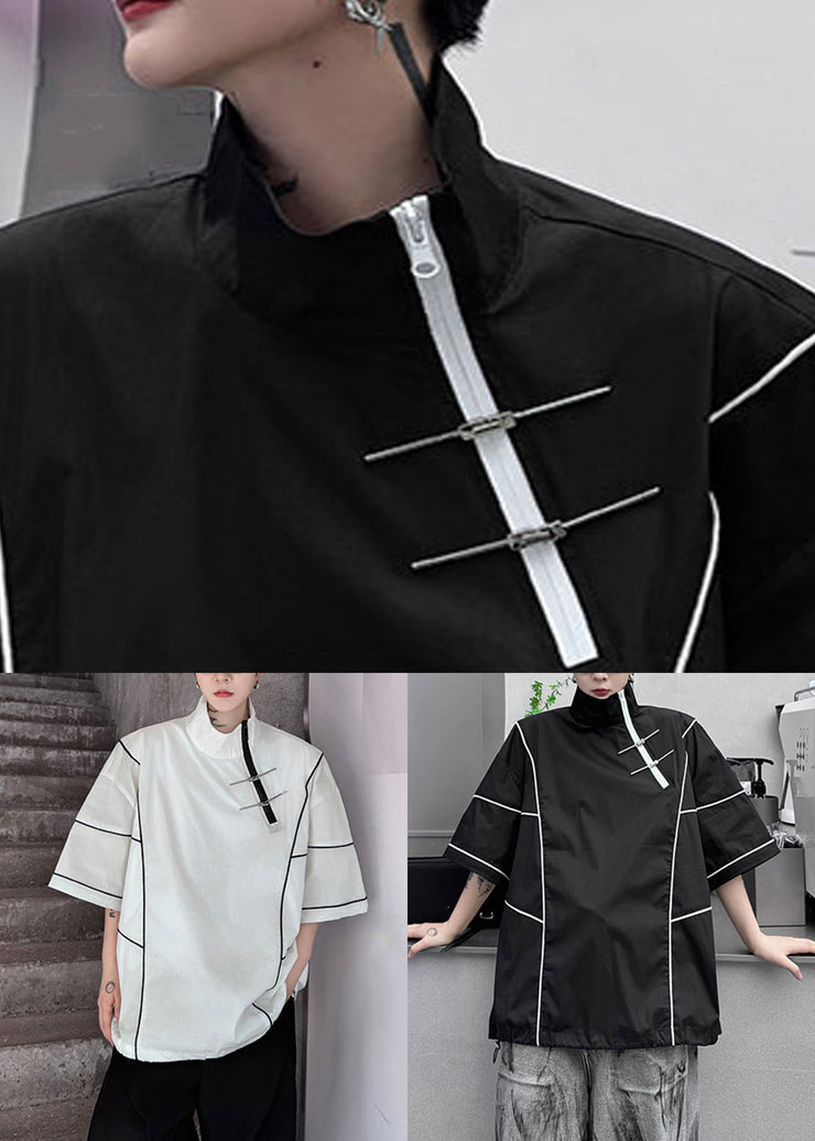 Black Drawstring Original Design Cotton Men T Shirts Zip Up Summer