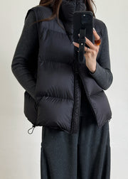 Black Drawstring Solid Duck Down Winter Waistcoat Zip Up