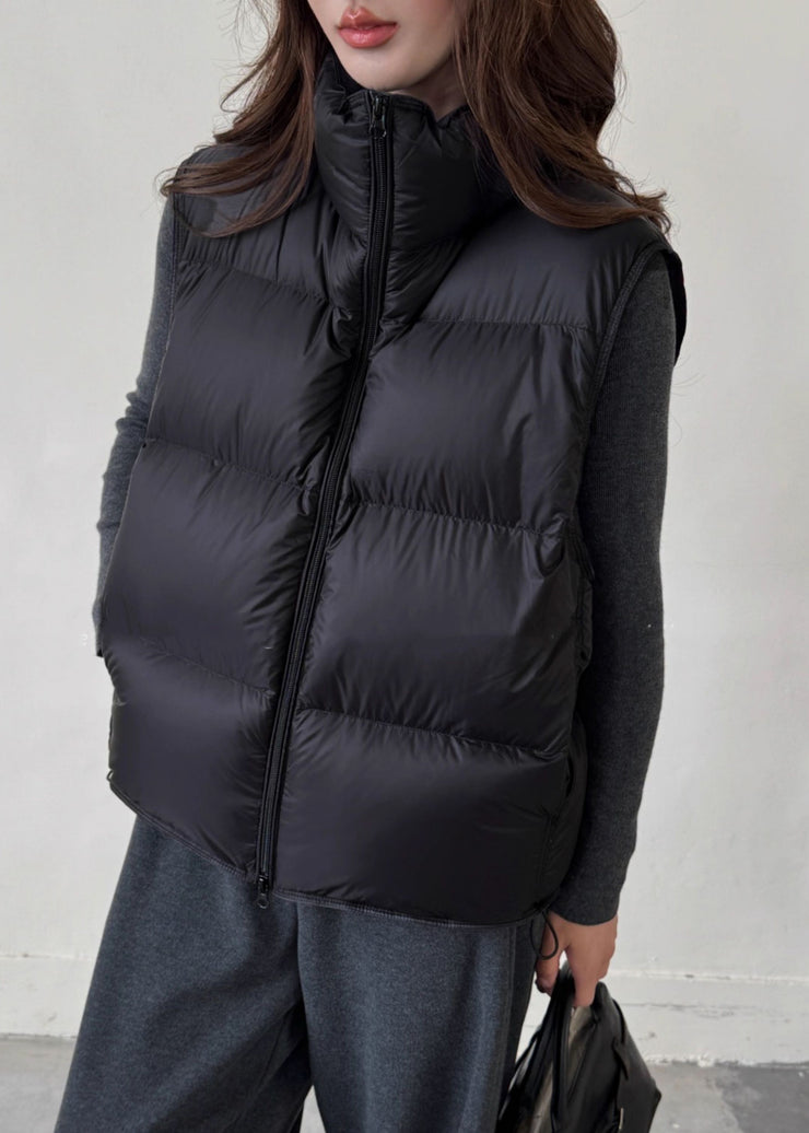 Black Drawstring Solid Duck Down Winter Waistcoat Zip Up