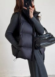 Black Drawstring Solid Duck Down Winter Waistcoat Zip Up