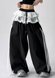 Black Elastic Waist Cotton Fall Pants Lace Asymmetrical