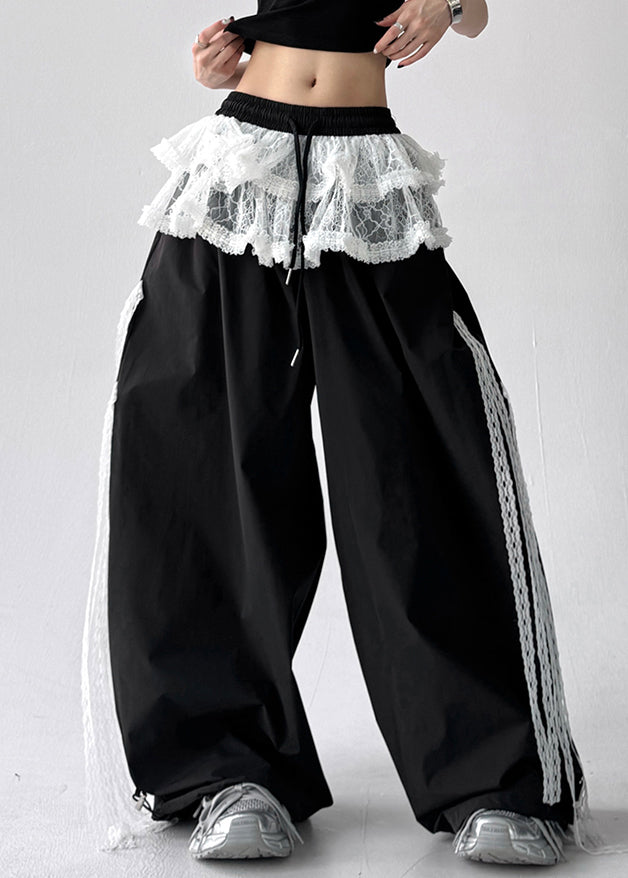 Black Elastic Waist Cotton Fall Pants Lace Asymmetrical