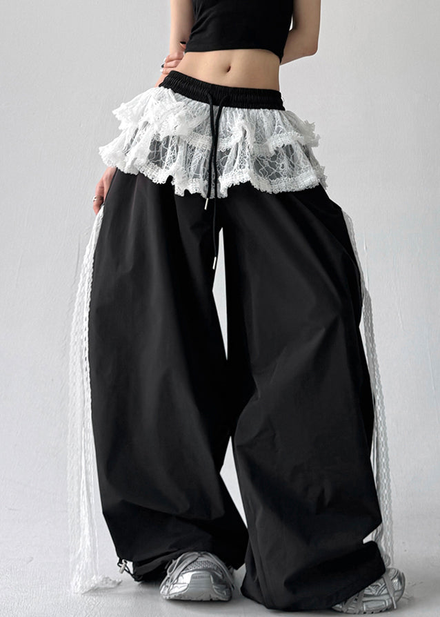 Black Elastic Waist Cotton Fall Pants Lace Asymmetrical