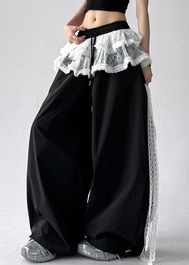 Black Elastic Waist Cotton Fall Pants Lace Asymmetrical