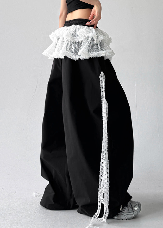 Black Elastic Waist Cotton Fall Pants Lace Asymmetrical