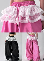 Black Elastic Waist Cotton Fall Pants Lace Asymmetrical