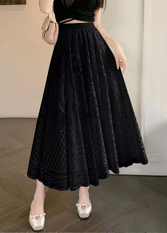 Black Elastic Waist Lace Summer Skirt Embroidered