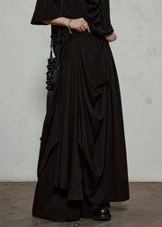 Black Elastic Waist Pockets Cotton Wide Leg Pants Asymmetrical