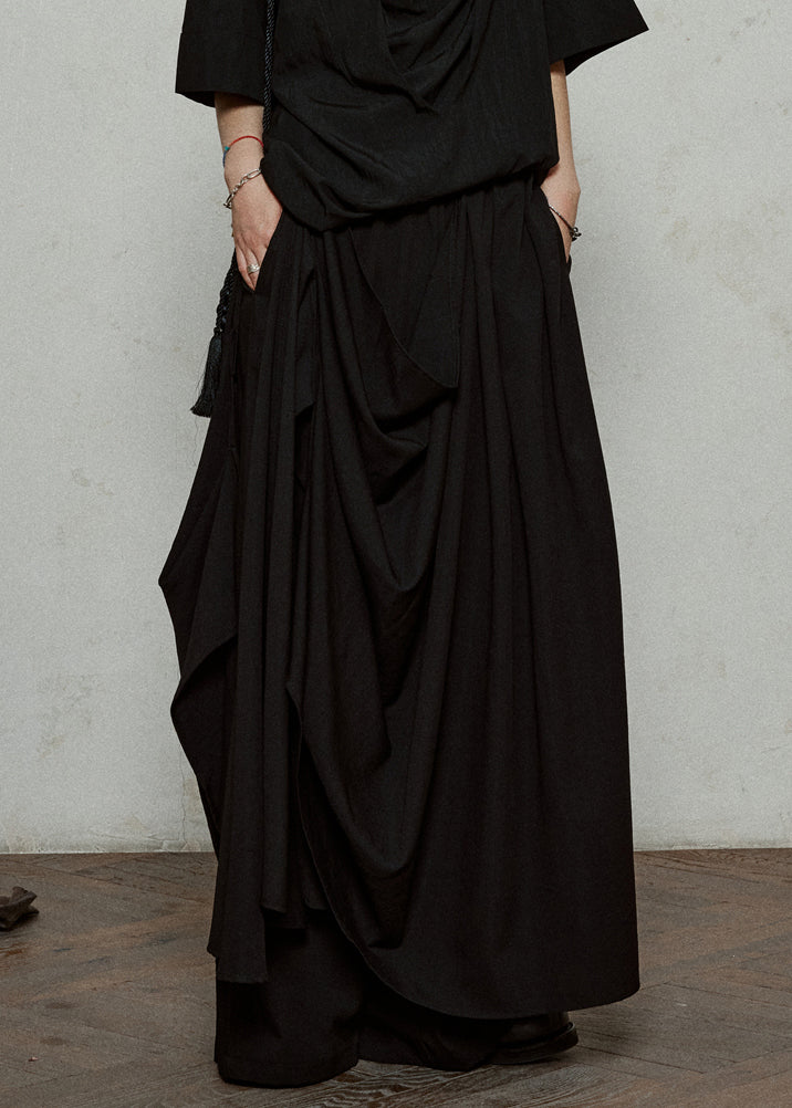 Black Elastic Waist Pockets Cotton Wide Leg Pants Asymmetrical