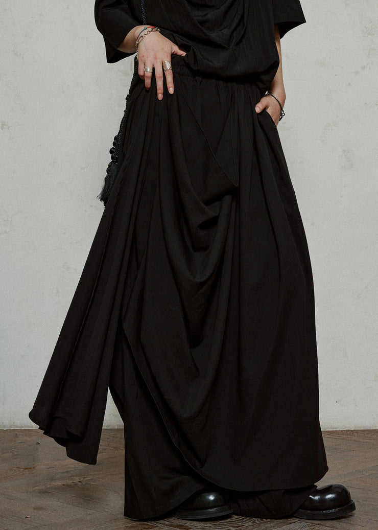 Black Elastic Waist Pockets Cotton Wide Leg Pants Asymmetrical