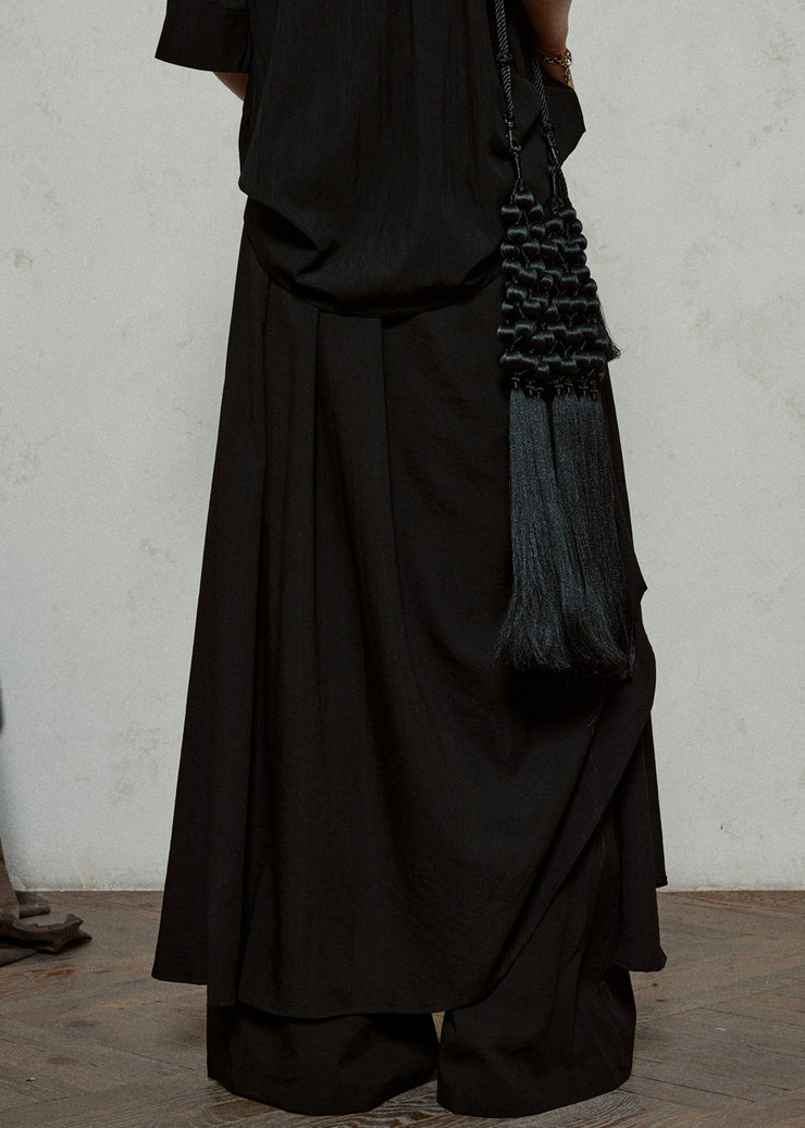 Black Elastic Waist Pockets Cotton Wide Leg Pants Asymmetrical