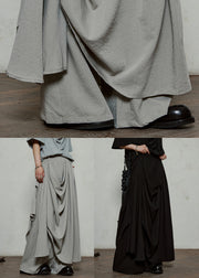 Black Elastic Waist Pockets Cotton Wide Leg Pants Asymmetrical