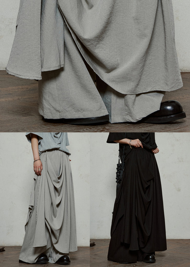 Black Elastic Waist Pockets Cotton Wide Leg Pants Asymmetrical