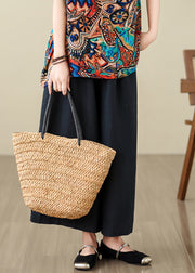 Black Elastic Waist Silk Linen Crop Wide Pants Summer