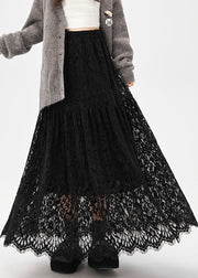 Black Elastic Waist Solid Lace Skirt Hollow Out