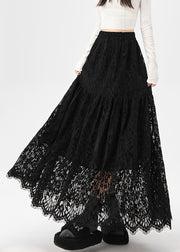 Black Elastic Waist Solid Lace Skirt Hollow Out