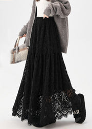 Black Elastic Waist Solid Lace Skirt Hollow Out
