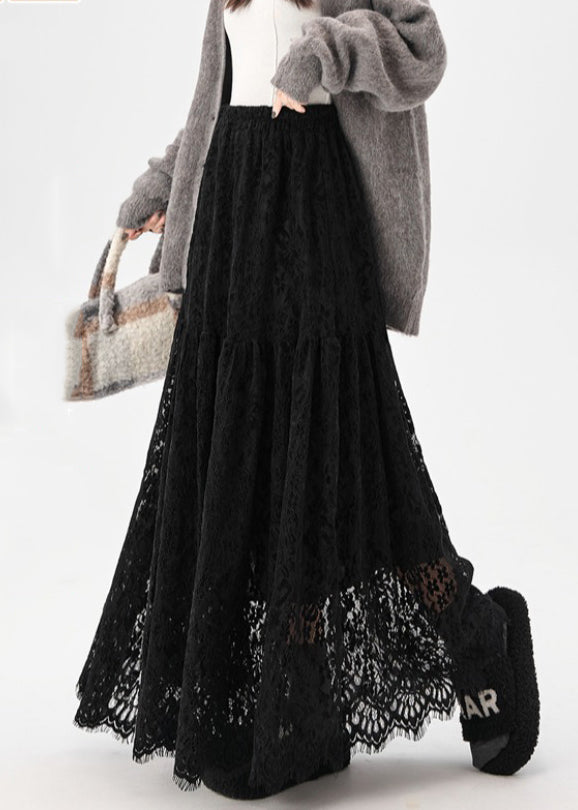 Black Elastic Waist Solid Lace Skirt Hollow Out