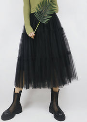Black Elastic Waist Solid Patchwork Tulle Skirt Ruffled