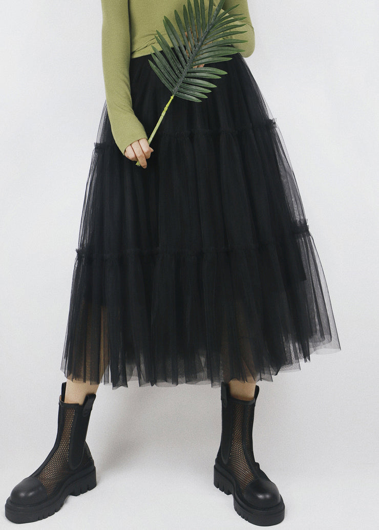 Black Elastic Waist Solid Patchwork Tulle Skirt Ruffled