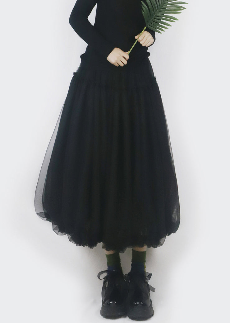 Black Elastic Waist Solid Tulle Bud Skirt Ruffled