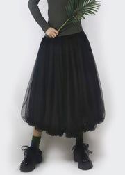 Black Elastic Waist Solid Tulle Bud Skirt Ruffled