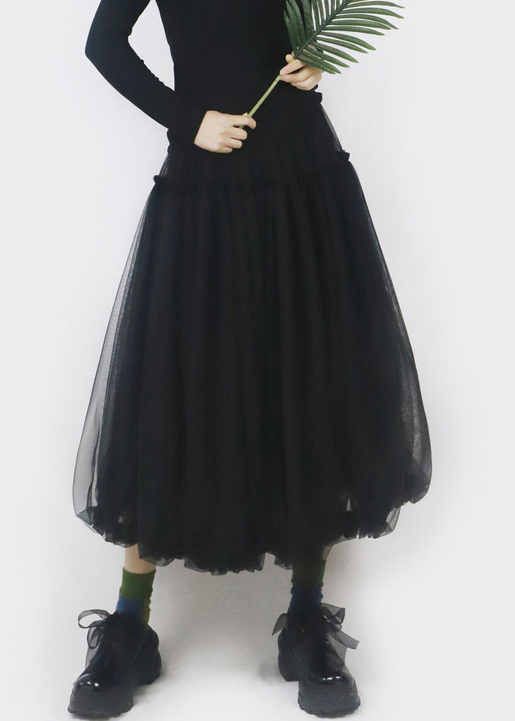 Black Elastic Waist Solid Tulle Bud Skirt Ruffled