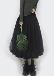 Black Elastic Waist Solid Tulle Bud Skirt Ruffled