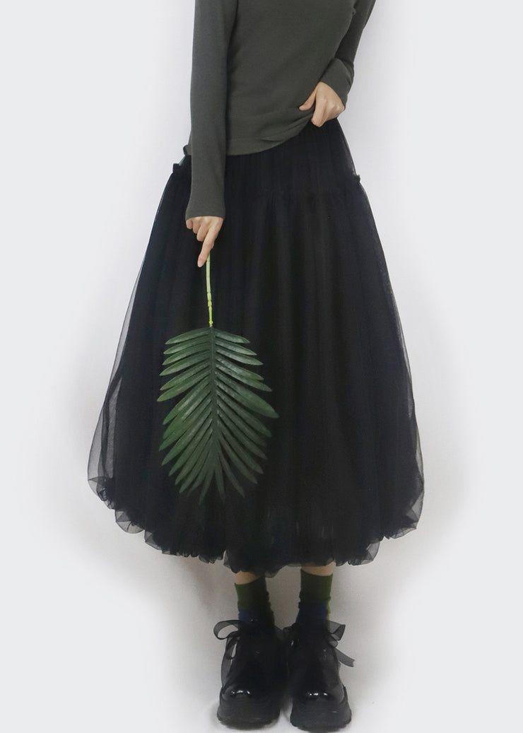 Black Elastic Waist Solid Tulle Bud Skirt Ruffled