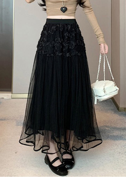 Black Elastic Waist Solid Tulle Summer Skirts Wrinkled