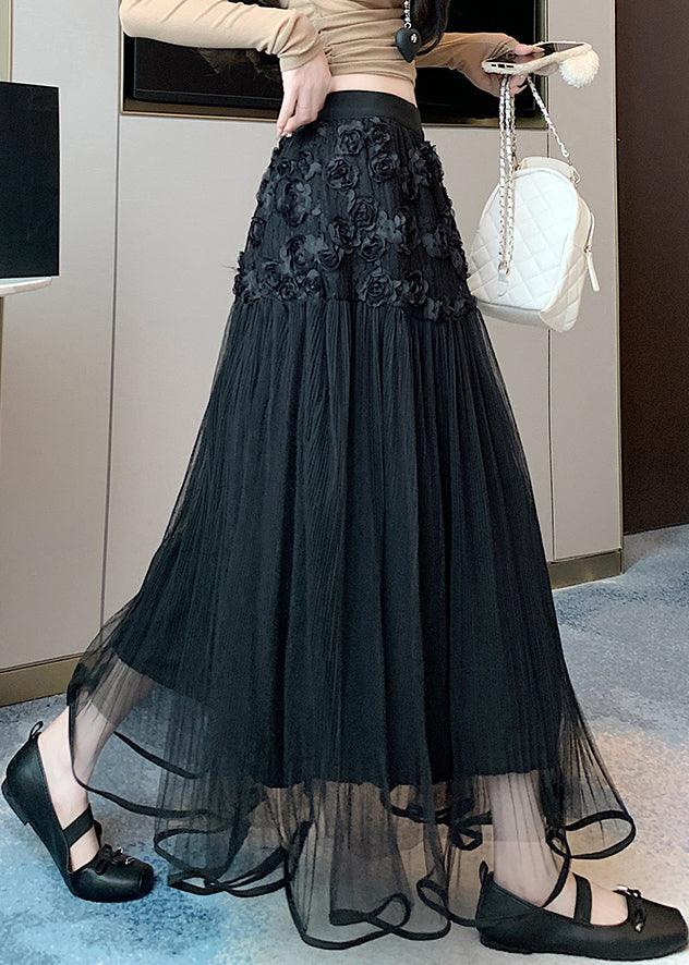 Black Elastic Waist Solid Tulle Summer Skirts Wrinkled
