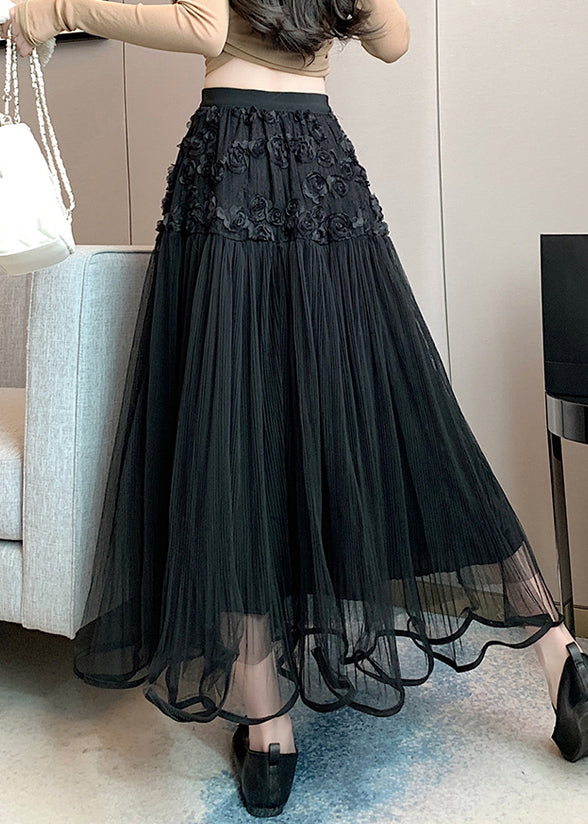 Black Elastic Waist Solid Tulle Summer Skirts Wrinkled