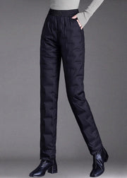 Black Elastic Waist Thick Duck Down Filled Straight Pants Plaid